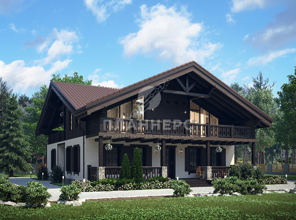 Проект большого комбинированного загородного дома в стиле Шале - 022-221-1М
