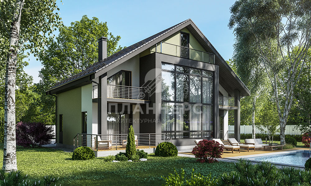 Проект двухэтажного дома с отделкой декоративной штукатуркой и большим витражным окном - 126-264-1М