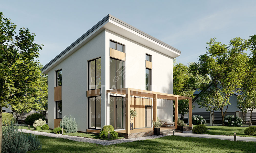 Проект двухэтажного дома в современном стиле с большой террасой и тремя спальными комнатами  - 144-158-2