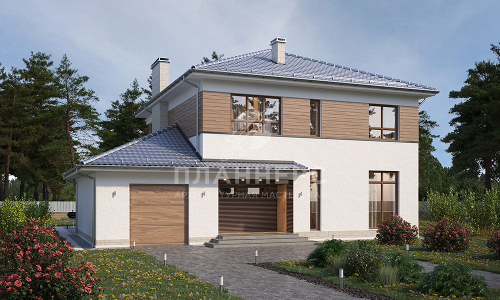 Проект двухэтажного дома с вальмовой крышей, гаражом, террасой, балконом и отделкой декоративной штукатуркой - 148-204-2Г