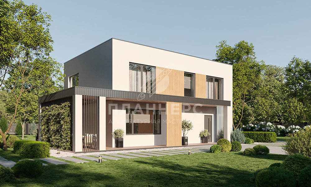 Проект дома с плоской крышей в минималистичном стиле с угловой террасой и парной - 149-195-2