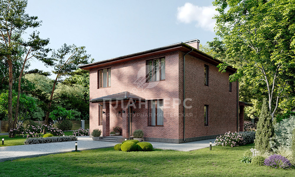 Проект классического двухэтажного дома с крыльцом, террасой и отделкой красным кирпичом - 218-176-2
