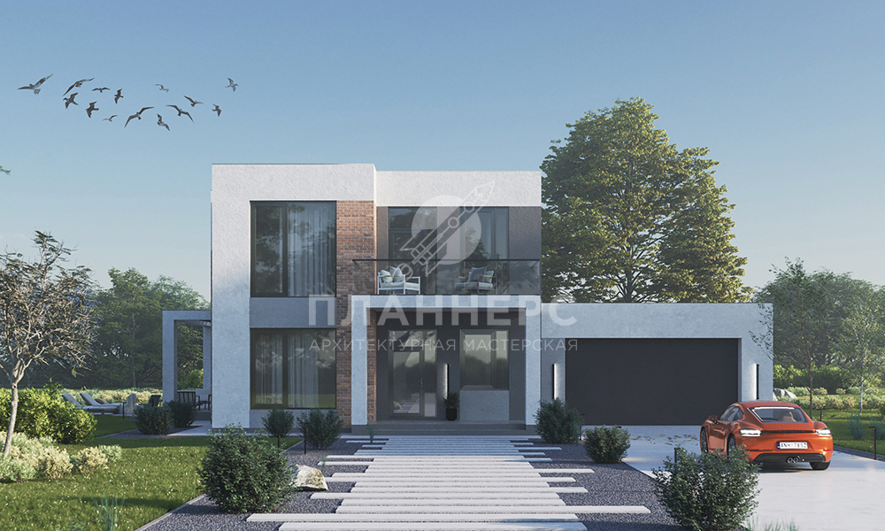 Проект современного дома кубической формы с пристроенным гаражом и большими окнами - 254-226-2Г
