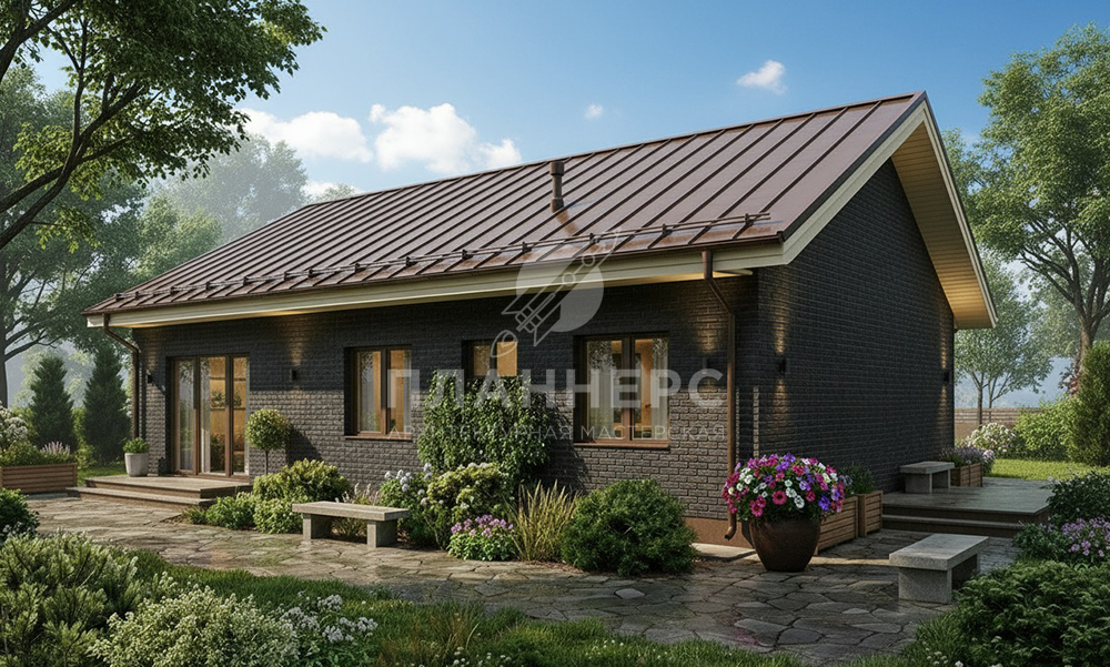 Проект одноэтажного дома 85 м² из газобетона с кирпичным фасадом и ...