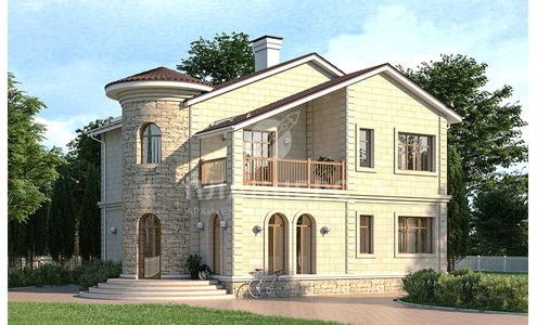 Проект двухэтажного дома с двухскатной крышей, эркером и большим балконом - 036-199-2