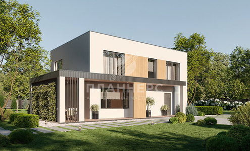 Проект дома с плоской крышей в минималистичном стиле с угловой террасой и парной - 149-195-2