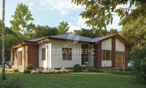Проект просторного одноэтажного дома с встроенным гаражом и комбинированной отделкой - 190-185-1Г