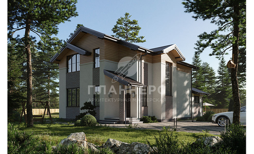 Проект двухэтажного дома с угловым крыльцом и лестничным эркером - 199-190-1М