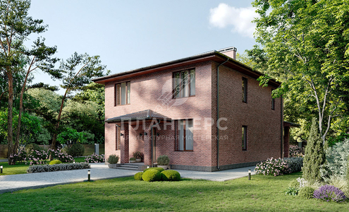 Проект классического двухэтажного дома с крыльцом, террасой и отделкой красным кирпичом - 218-176-2
